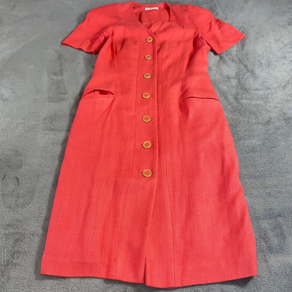 Talbots Dress Womens 4 Coral Red Vintage Button Front Sheath V-Neck Short Sleeve